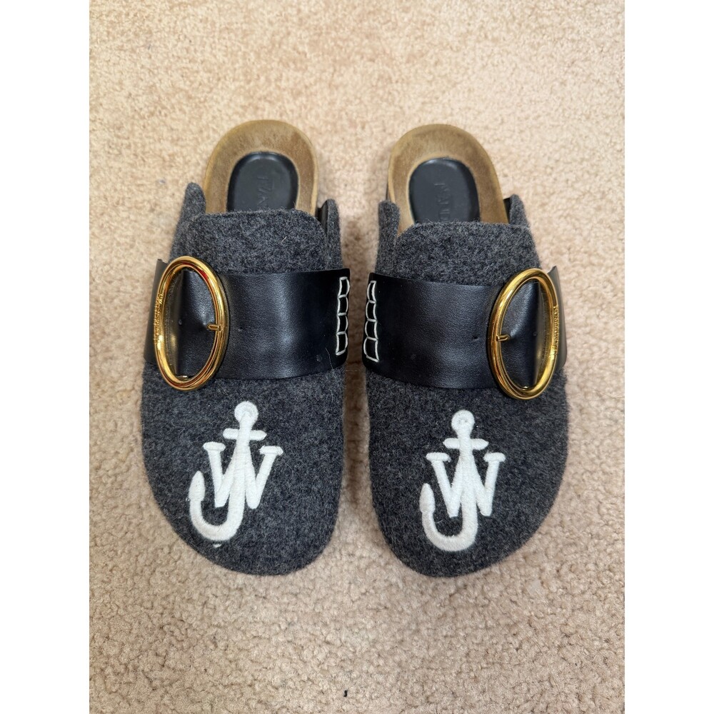 JW Anderson Felt Buckle Mules Clogs Shoes Womens Size 38 US 8 Gray Anchor Logo